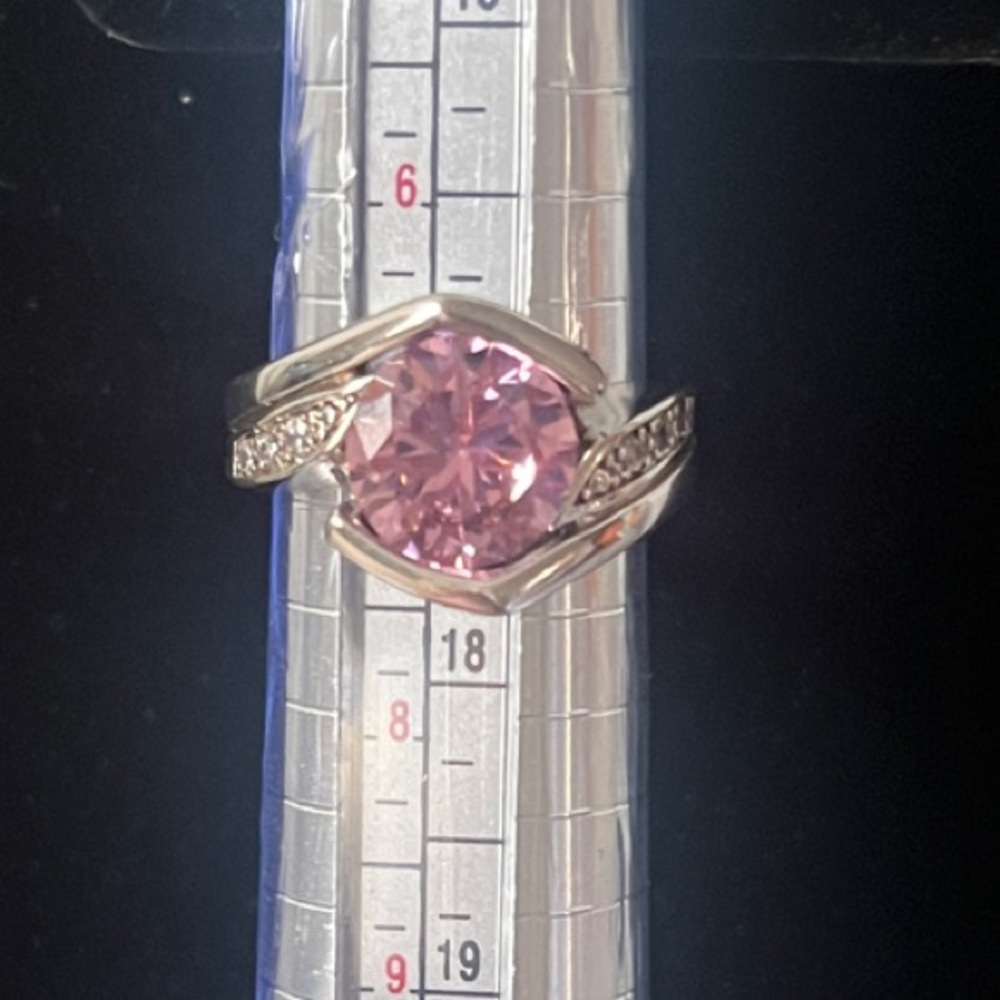 Pink Gemstone & Rhinestone Silver Ring